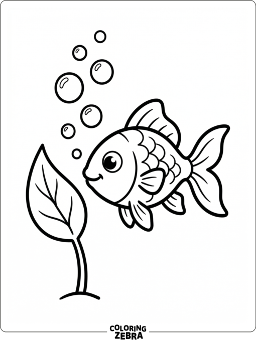 An easy goldfish beside a leaf and bubbles