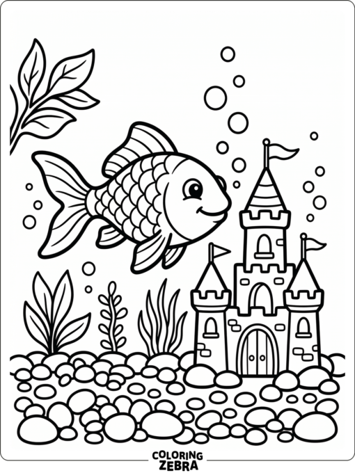 A goldfish beside a small castle ornament