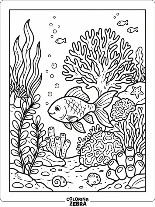 A goldfish gliding past coral and sea plants in a reef