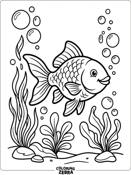 A goldfish swimming through bubbles and plants