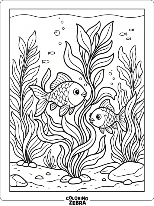 A goldfish swimming through seaweed fronds