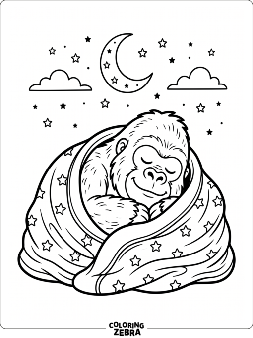 A gorilla under a blanket with moon and stars