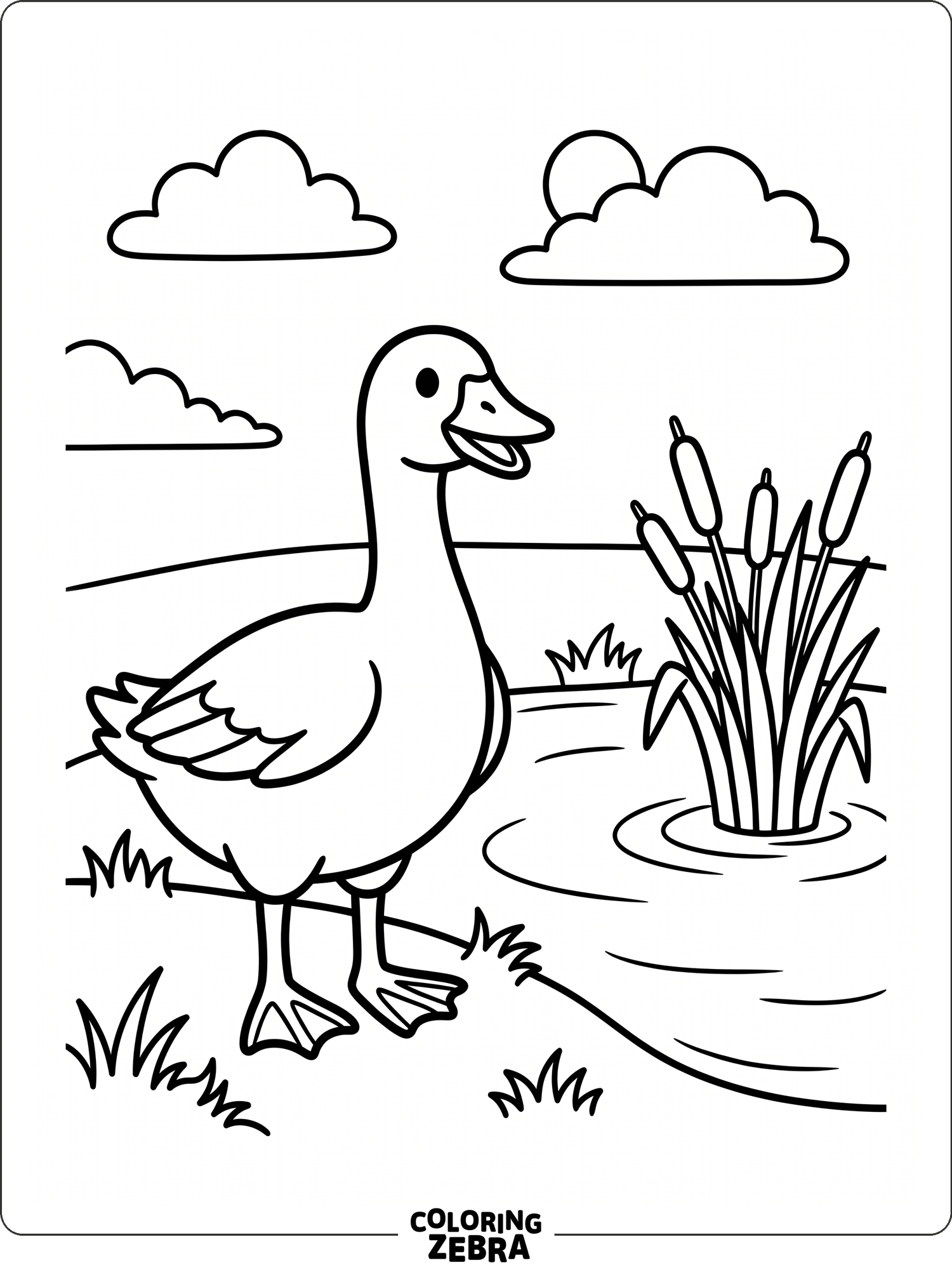 A goose by the water with reeds and plenty of open space