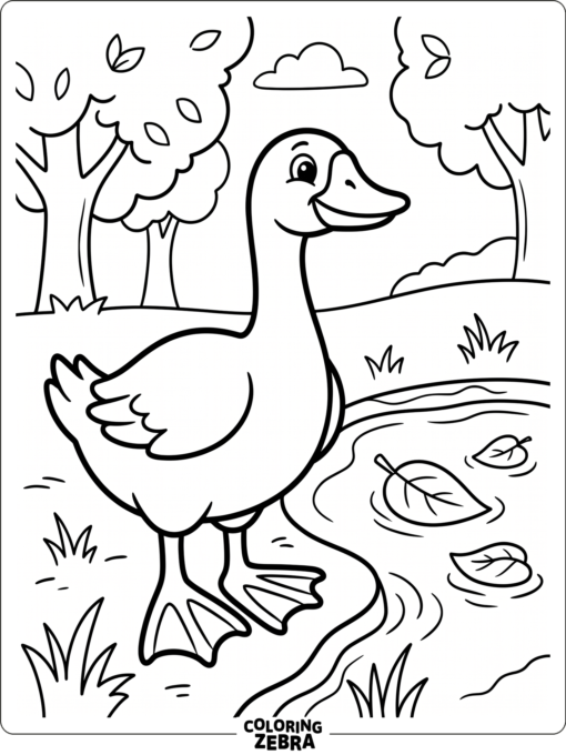 A friendly goose near a pond with floating leaves