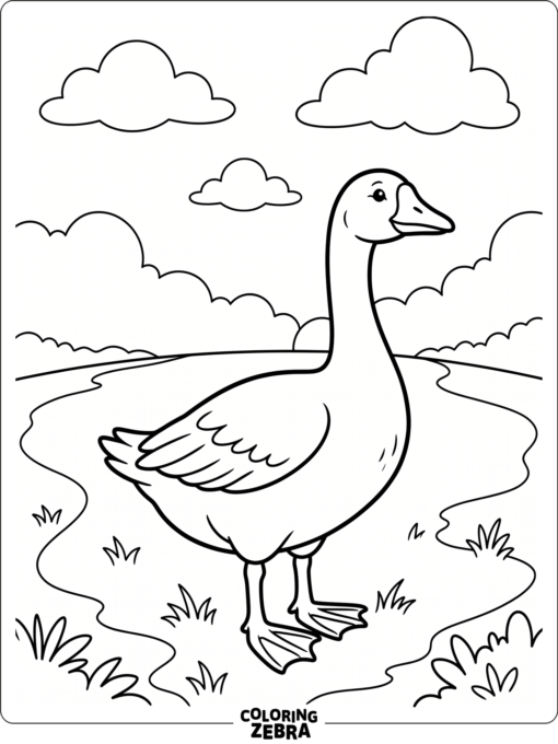 A goose in a farm field under a few clouds