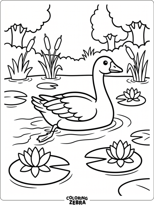 A goose gliding past lily pads on a quiet lake