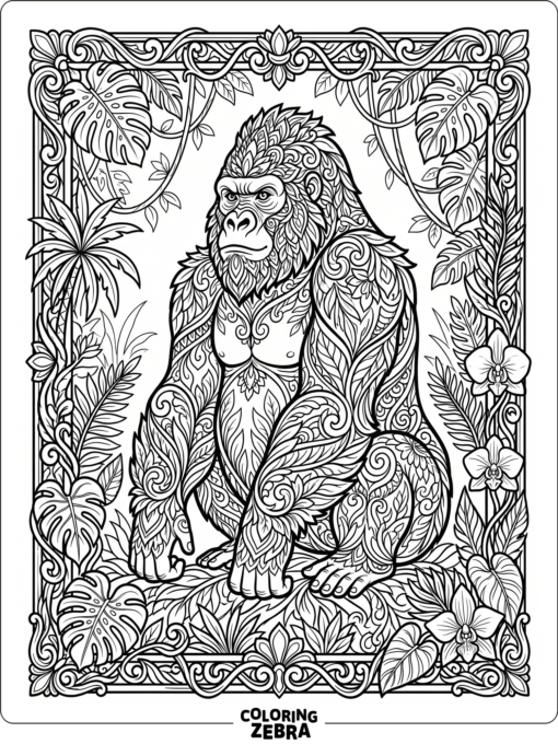 An ornate gorilla with leafy patterns and a border