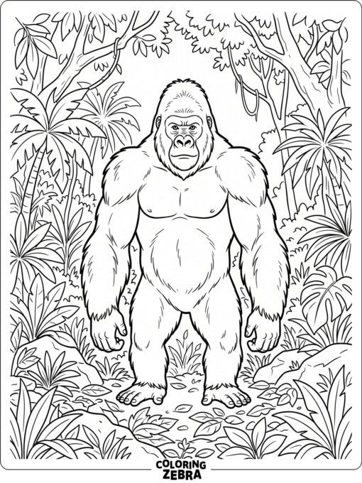 A standing gorilla in a jungle clearing