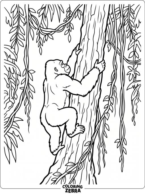 A gorilla climbing a tree trunk with vines