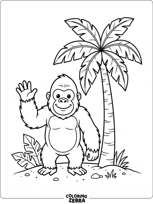 A friendly gorilla waving beside a palm tree