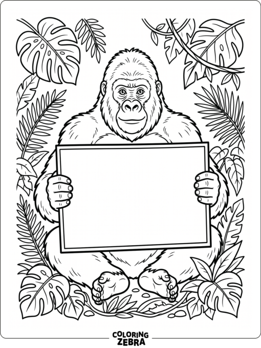 A gorilla holding a blank sign with jungle leaves