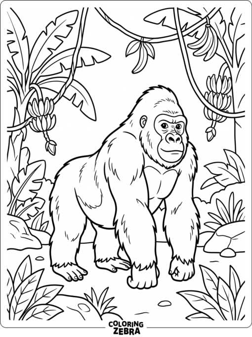 A gorilla standing in a jungle clearing with vines