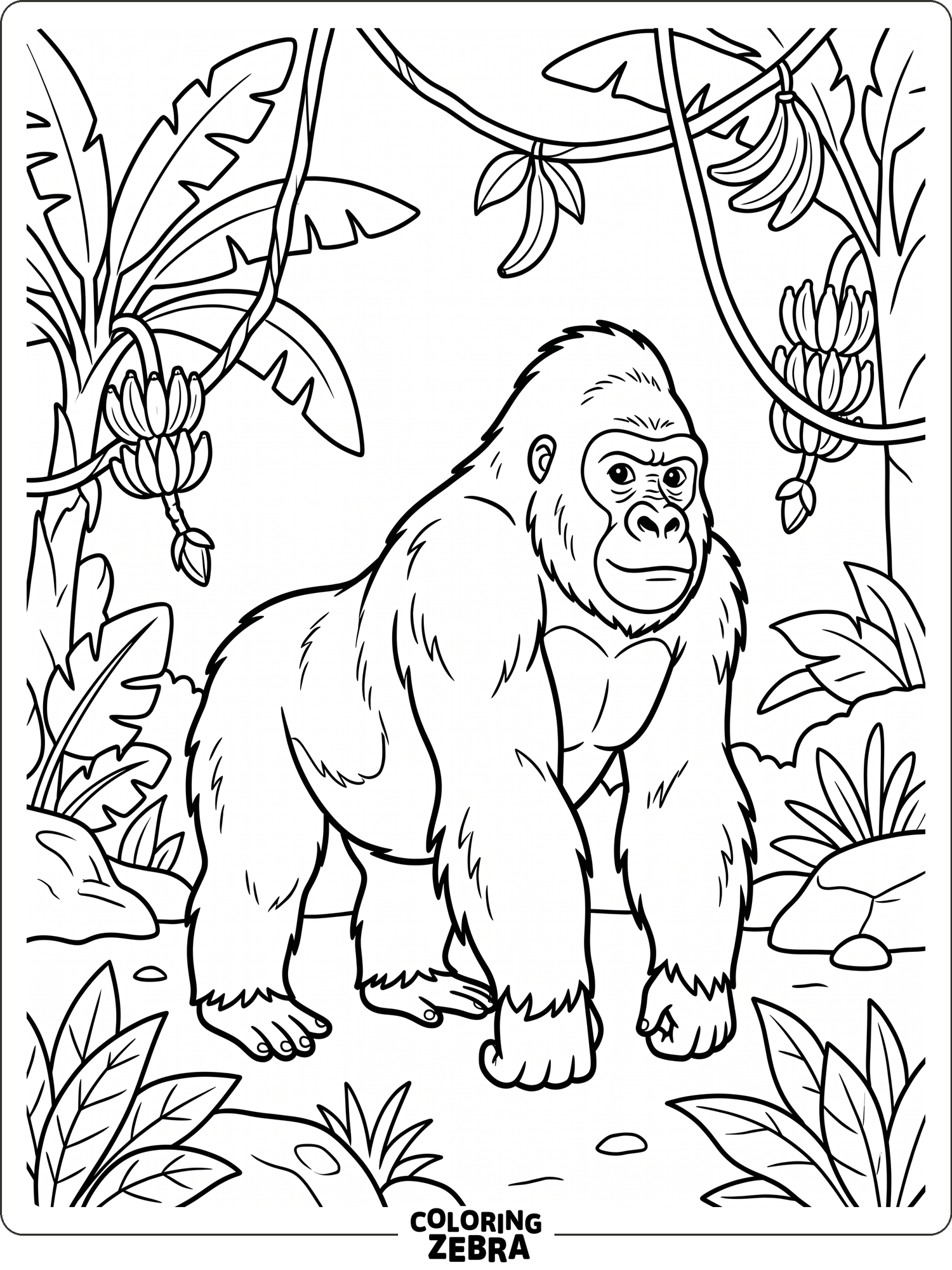 A gorilla standing in a jungle clearing with vines