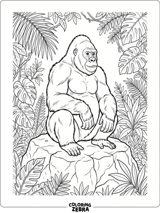 A gorilla sitting on a rock with jungle leaves