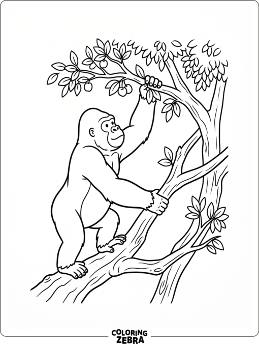 A gorilla reaching for leaves on a branch
