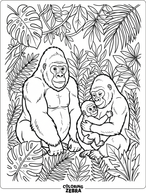 A gorilla family with an adult and baby in the jungle