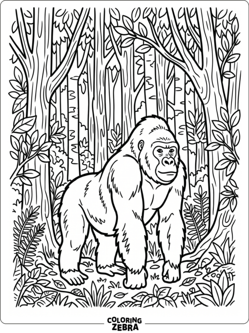 A gorilla standing in a dense forest of tall trees