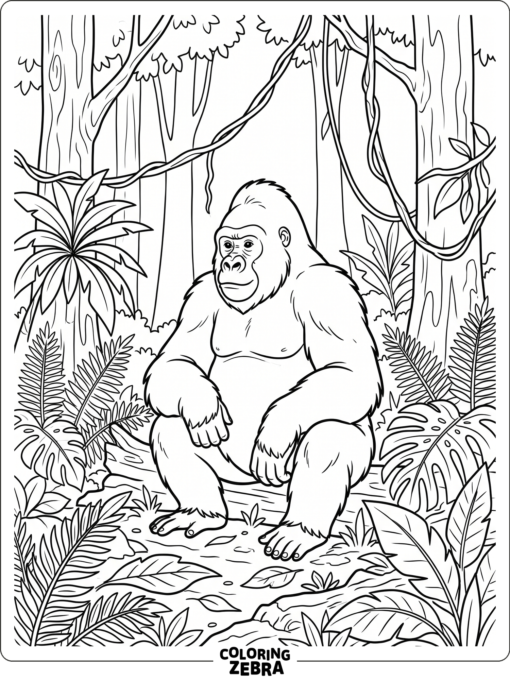 A gorilla in a jungle habitat with vines and ferns