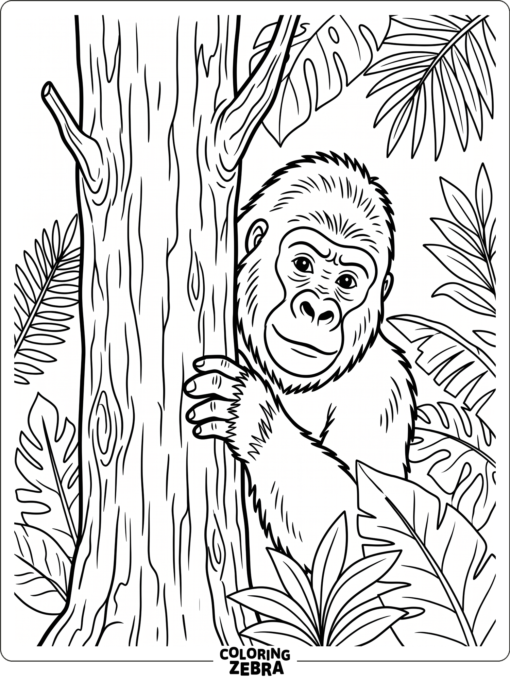 A gorilla peeking from behind a tree trunk