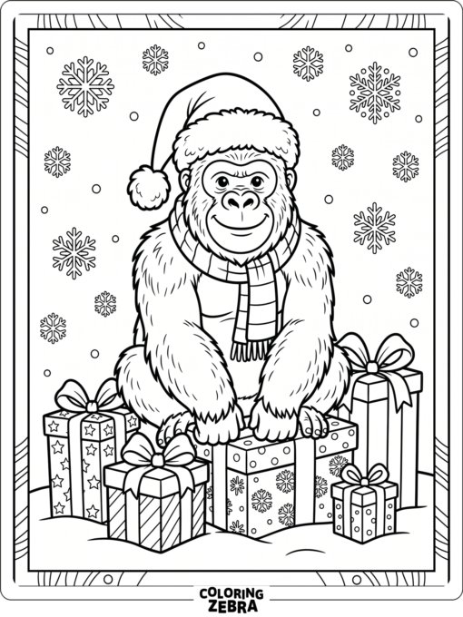 A gorilla in a Santa hat with gifts and snowflakes