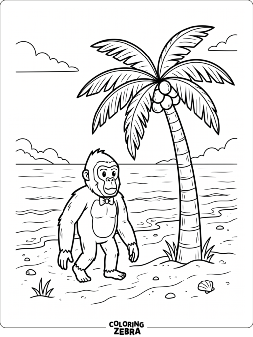Beach monke with sand, waves, and a palm tree