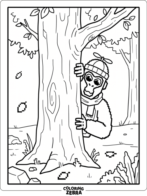 Hunt mode monke peeking from behind a tree