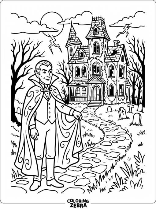 Dracula outside a haunted mansion with broken windows