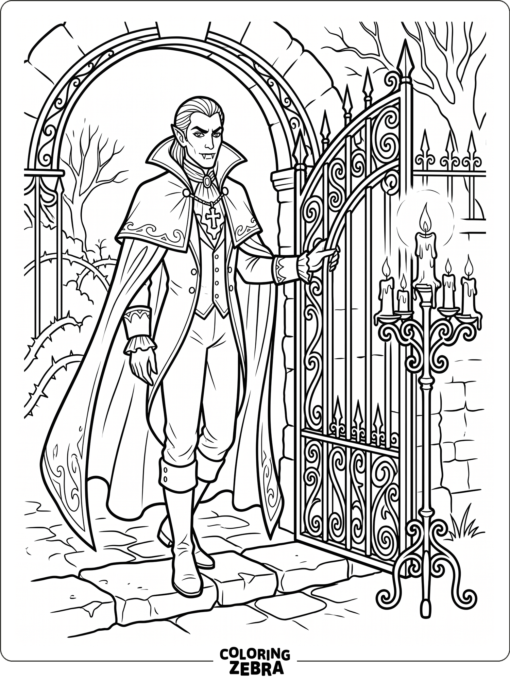 A gothic vampire near an iron gate
