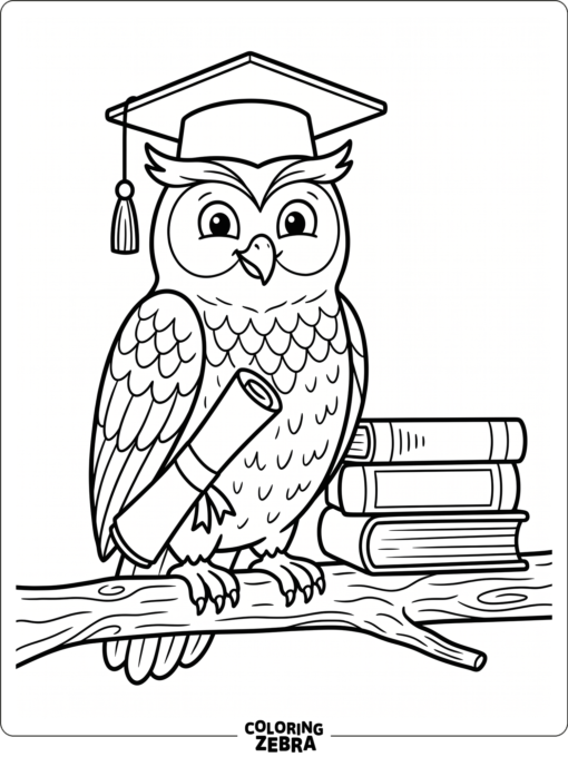 An owl wearing a graduation cap and holding a diploma