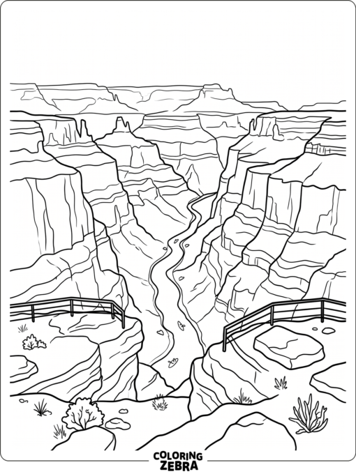 A canyon scene with tall cliffs and a river below