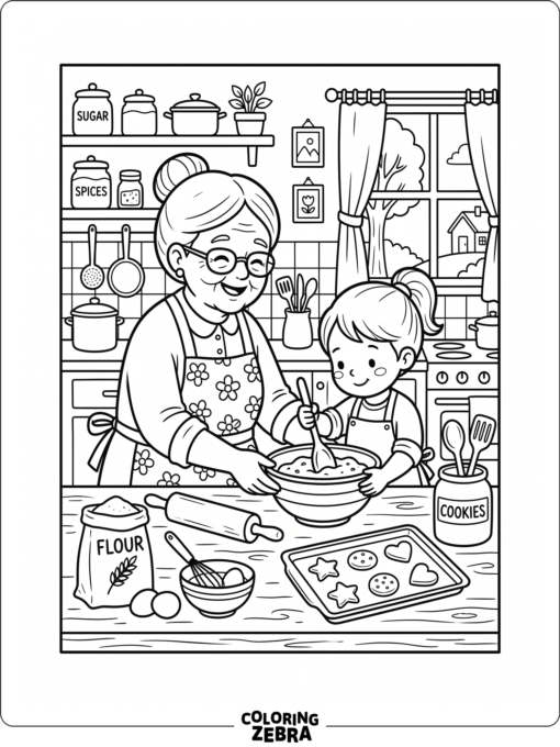 Grandma and granddaughter bake cookies in a cozy kitchen