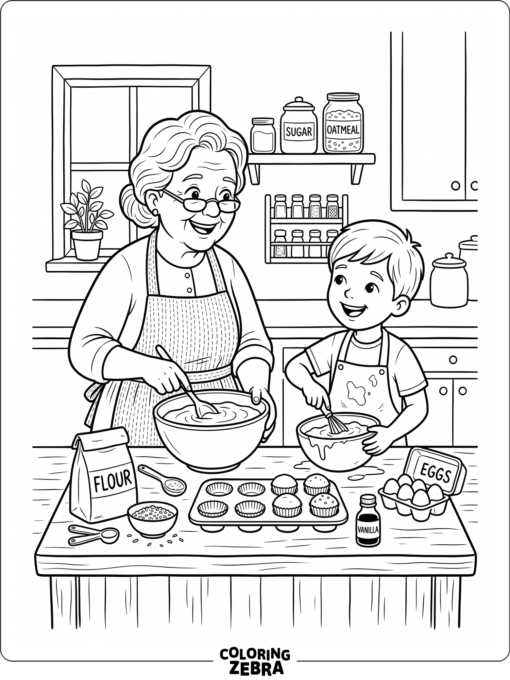 Grandma and grandson make cupcakes at a kitchen counter