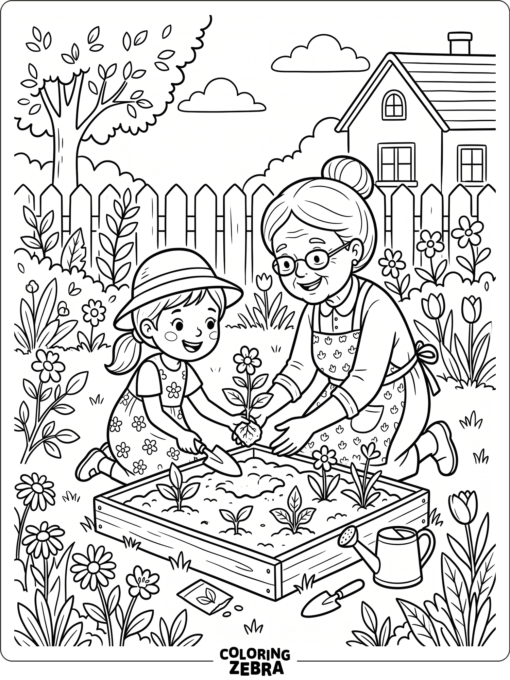Little girl and grandma plant flowers in a garden