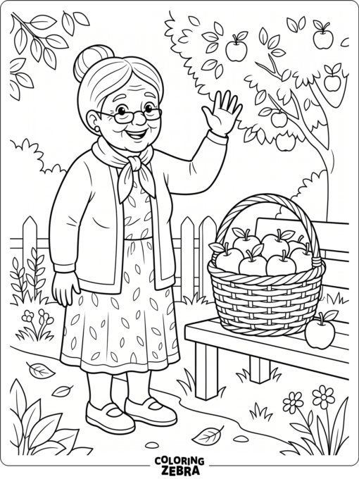 Smiling grandma waves beside a basket of apples