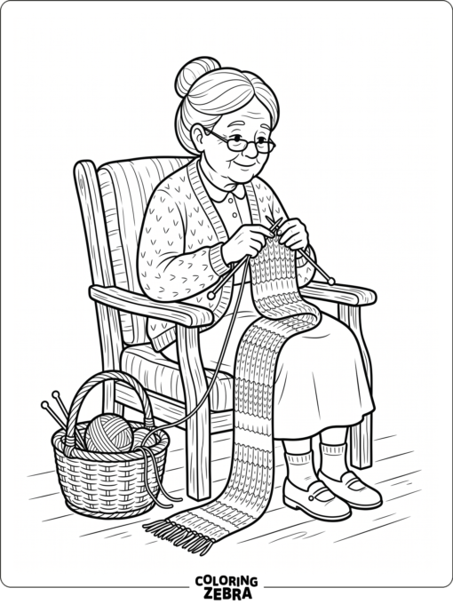 A grandma knitting with a basket of yarn