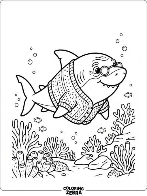 A grandma shark wearing glasses and a cardigan near coral