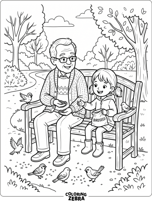 Grandpa and granddaughter sit on a bench feeding birds