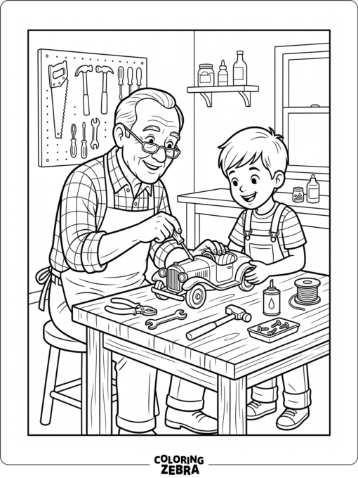 Grandpa and grandson fix a toy car on a workbench