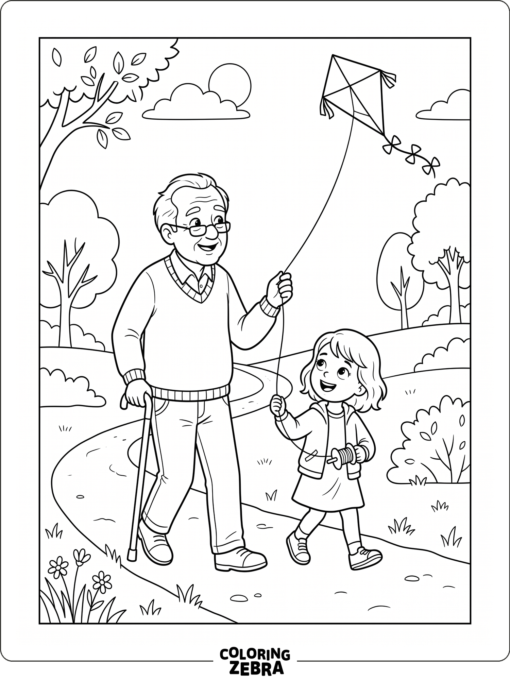 Grandpa and child walk with a kite in an open park