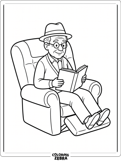 Grandpa sits in a recliner with a hat and reading glasses