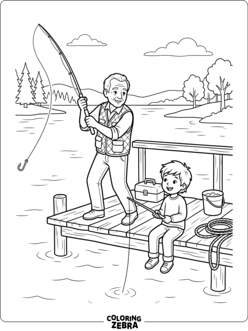 Grandpa fishing with a child on a dock