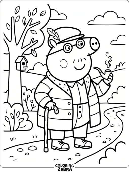 A grandpa pig with glasses and a cane