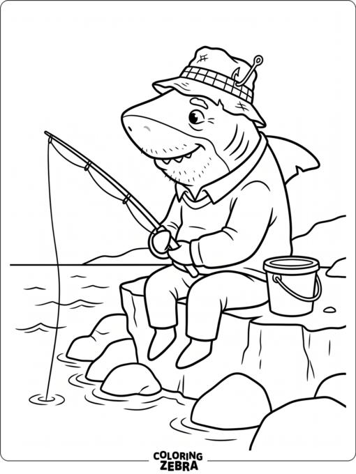A grandpa shark with a hat holds a fishing rod by rocks