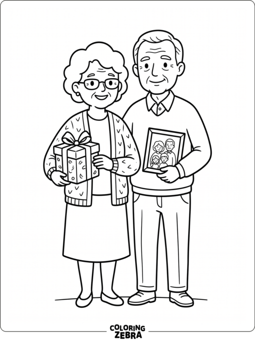 Grandparents stand together with a gift box and framed photo