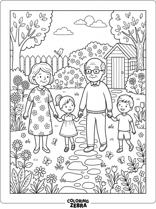 Grandparents hold hands with two children in a simple garden