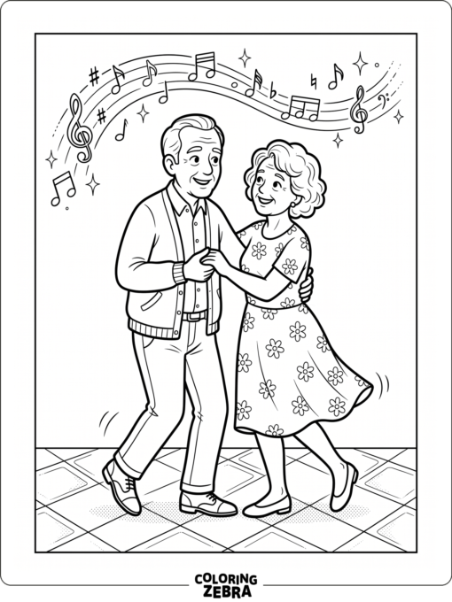 Grandparents dancing with music notes around them