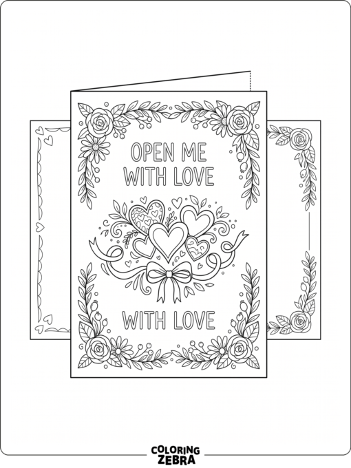 A greeting card with hearts and a floral border