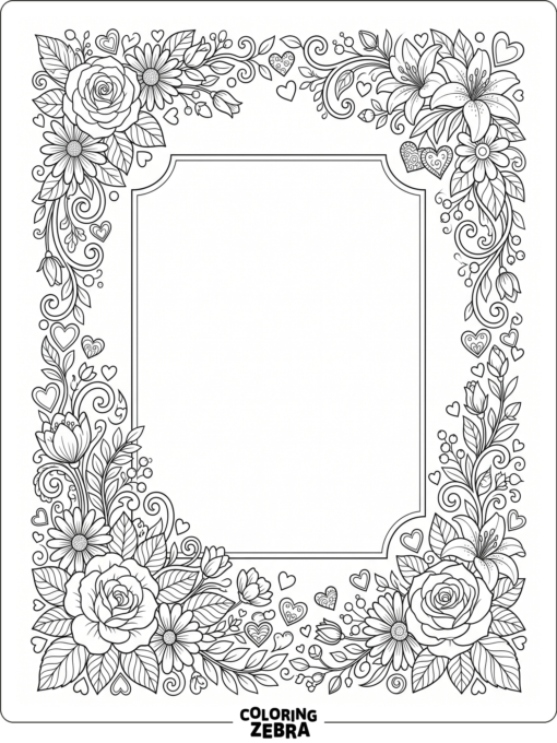A decorative page with floral corners and hearts