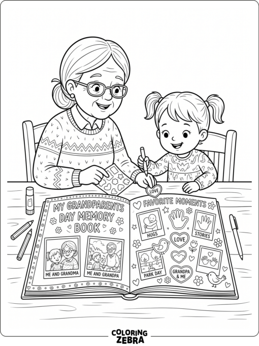 Child making a memory book with family photos