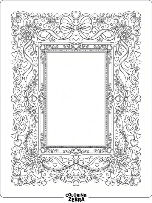 An empty frame decorated with hearts and flowers